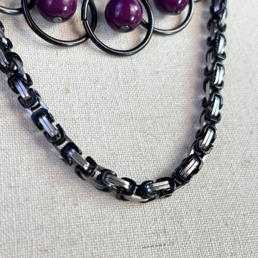 Goth Grunge Vintage Bib Necklace Set Purple Gunmetal Metal Beads Witchy Alt